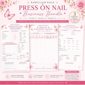 May include: A pink and white business bundle for press-on nails, featuring a recipe sheet, inventory tracker, and client intake form. The bundle includes floral and butterfly illustrations, with the text "Press On Nail Business Bundle".