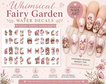Whimsical Fairy Garden Water Decals | Pink Cottagecore Nail Art (Digital Download)