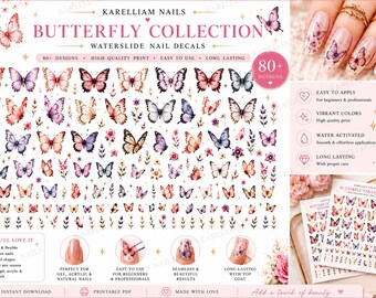 Butterfly Waterslide Nail Decals | Pink & Purple Butterfly Nail Art | Floral Nail Decals | DIY Press On Nails | Instant Digital Download