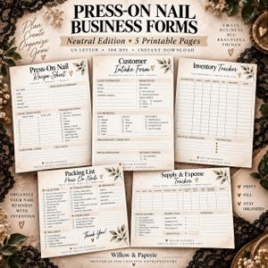 Pode incluir: Um conjunto de cinco formulários comerciais imprimíveis para unhas press-on, incluindo ficha de receita, formulário de cliente, rastreador de inventário, lista de embalagem e rastreador de despesas. Páginas em tons neutros com detalhes botânicos.