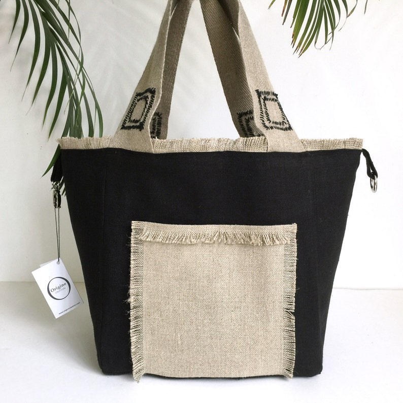 Black Linen Reversible Embroidered Natural Linen Tote Bag | Etsy