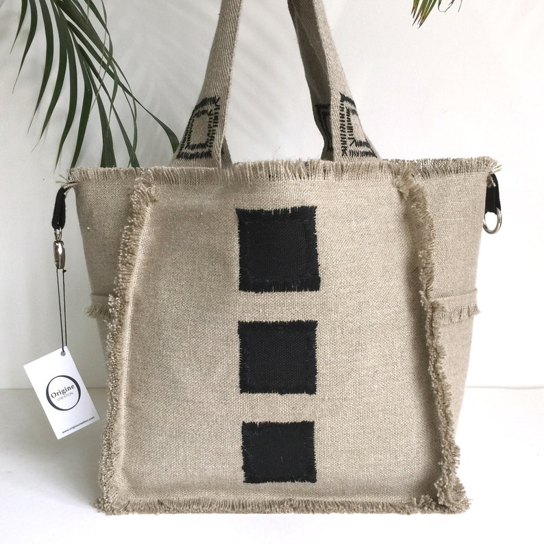 Black Linen Reversible Embroidered Natural Linen Tote Bag | Etsy