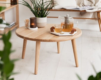 PORTLAND || Round Oak Coffee Table. Solid Oak Hardwood Side Table. Mid Century Modern Nordic Scandinavian Furniture