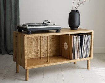 CLAREMONT || Solid Oak Record Player Stand With Oak Dividers And Rounded Edges