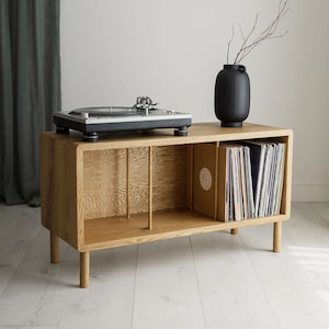 CLAREMONT Solid Oak Record Player Stand With Oak Dividers And Rounded Edges image 1