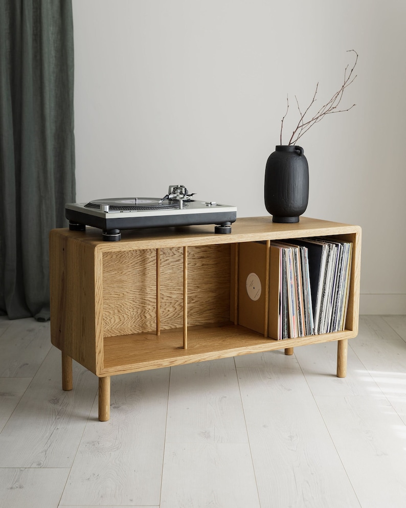 CLAREMONT Solid Oak Record Player Stand With Oak Dividers And Rounded Edges image 1