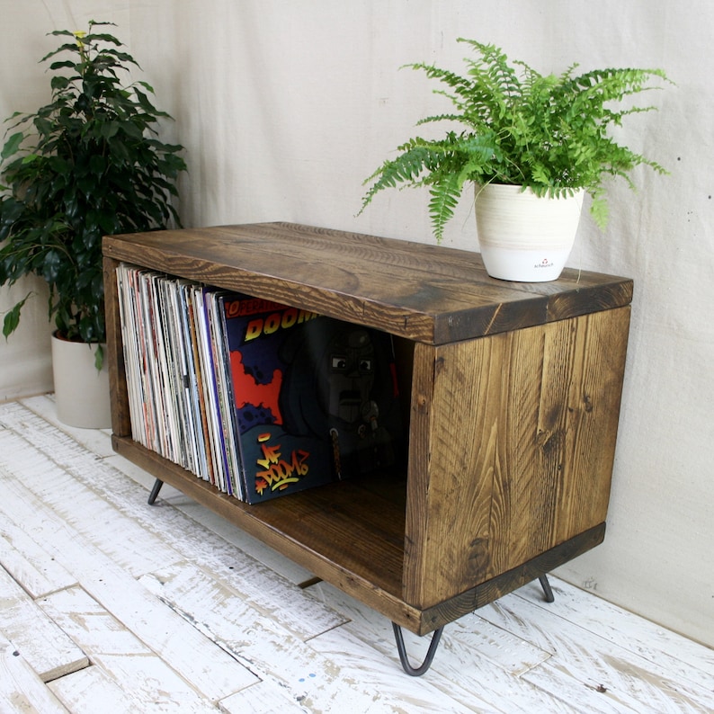 Record Player Stand Vinyl Storage LP Unit Made From Solid Scandinavian Timber. TV Media Console Cabinet Dark Wood Industrial 