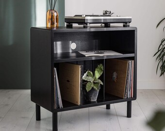 Black Oak Record Player Stand – Claremont Vinyl Storage Cabinet