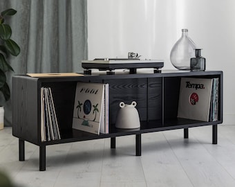 Claremont' BLACK SPECIAL EDITION Oak Record Player Stand With Vinyl Storage