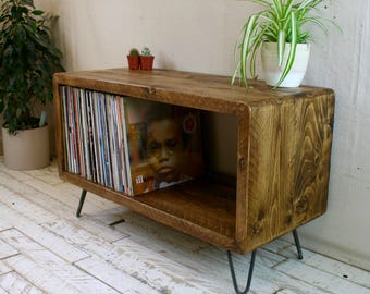 Rustic Industrial Record Player Stand: Solid Wood Vinyl Storage