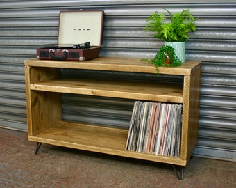 Solid Wood Record Player Stand: Industrial Vinyl Storage Cabinet