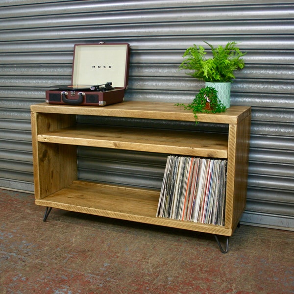 Record Player Stand TV Unit or Sideboard Made From Solid Wood Industrial Vinyl Hifi Cabinet LP Storage