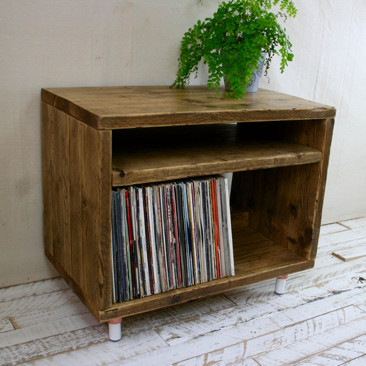 Reclaimed Wood TV Stand Record Player Vinyl Unit Copper Leg Etsy
