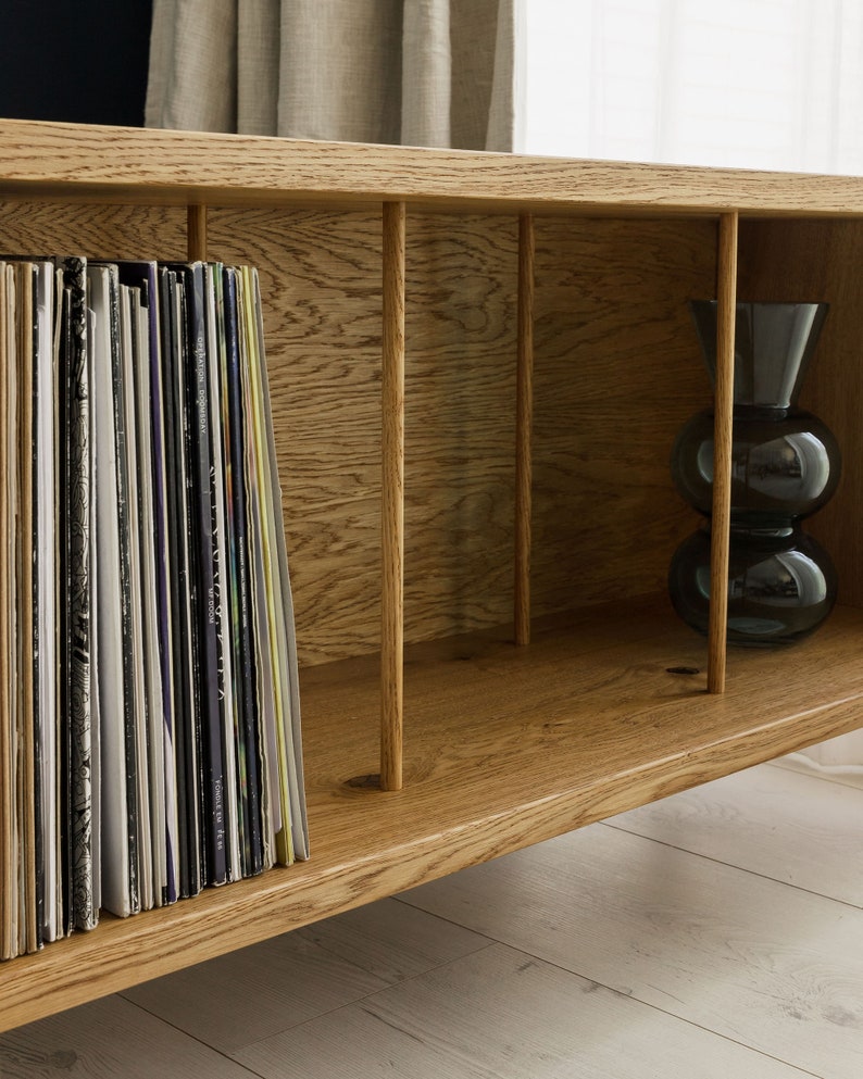 CLAREMONT Solid Oak Record Player Stand With Oak Dividers And Rounded Edges image 5