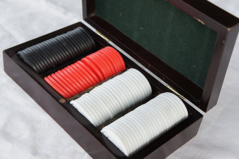 Vintage Poker Chips Original Wooden Box Felt Lined Plastic Etsy