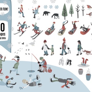 WINTER & SNOW FUN Clipart Bundle - Ski, Rodelschlitten, Eislaufen, Schneeball, Eisfischen, Rotkehlchen, Clip Art Elements - svg + png 300 dpi
