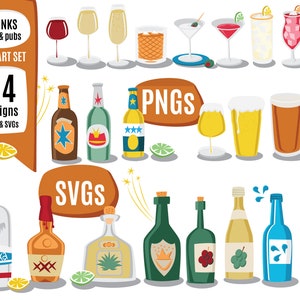 FLASCHEN & GETRÄNKE Clipart - Champagner Wein Bier Spirituosen Lager Wodka Whisky Tequila Cocktails - svg + png 300dpi - für Menüs, Poster lädt ein