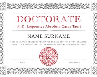 Customizable PhD Doctorate Diploma - Gag Gift (Digital Download)