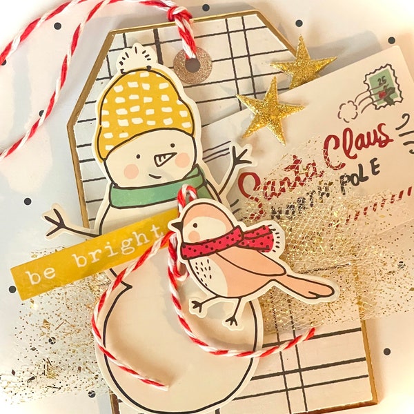 Cute Snowman holding the letter to Santa! With a cute bird saying “be bright” Christmas tag great for scrapbooking gift giving journals