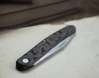 Pocket knife, hand engraved "Seek Balance, Stay Sharp"