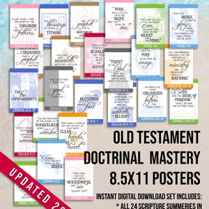 Peut inclure: Un ensemble de téléchargement numérique de 24 affiches de maîtrise doctrinale de l'Ancien Testament de 21,6 x 27,9 cm. Chaque affiche présente des résumés d'Écritures avec du texte dans une variété de couleurs et de polices.