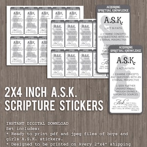 May include: A set of 2x4 inch printable stickers featuring a silhouette of a person with the acronym "A.S.K." and the text "Acquiring Spiritual Knowledge". The stickers are designed to be printed on Avery 2"x4" shipping labels.