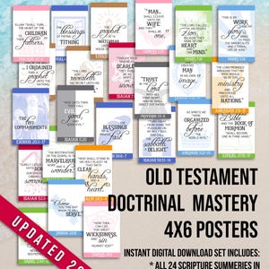 Op de afbeelding: Een digitale downloadset van 24 Old Testament Doctrinal Mastery 4x6 posters. Elke poster bevat samenvattingen van de Schrift met tekst in verschillende kleuren, waaronder roze, blauw en groen. De titel "Updated 2026" is zichtbaar.
