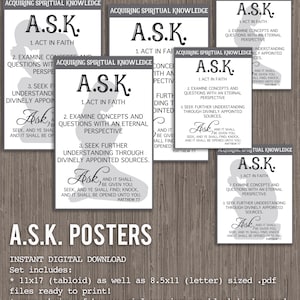 May include: A collection of white posters with the text "A.S.K." and the phrases "Act in Faith," "Examine Concepts," and "Seek Further Understanding." The posters are for LDS Seminary and are available as instant digital downloads.