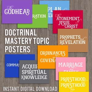 May include: A collection of colorful posters with religious themes. Each poster features a different topic, such as "The Godhead," "The Atonement of Jesus Christ," and "Marriage and Family." The posters are 8.5 x 11 inches.