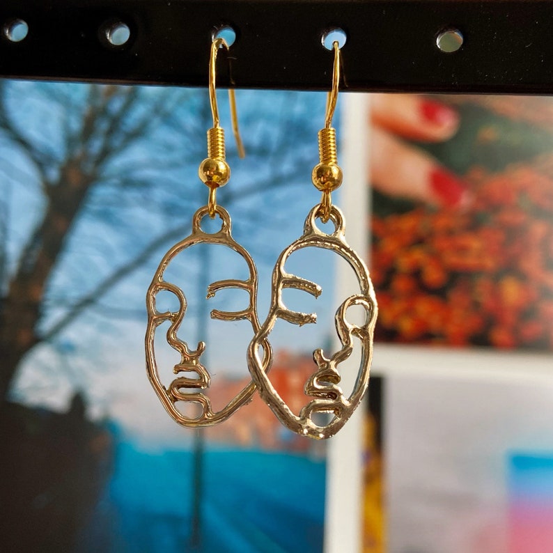 hoop or hook beauty fashion jewellery art gift for her y2k contemporary festival Gold abstract woman face earrings