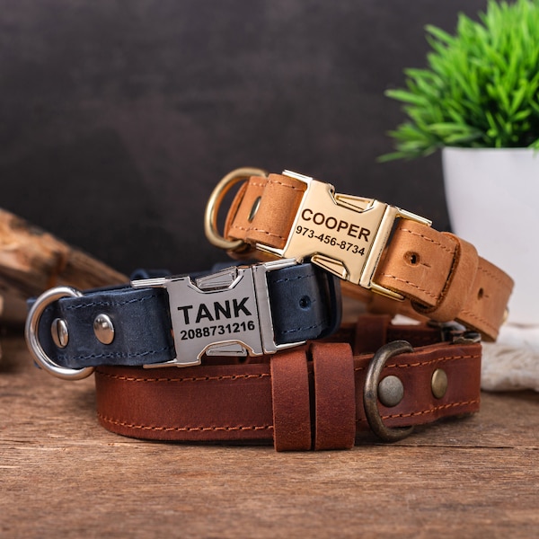 Collar de cuero hecho a mano para perros, collar personalizado para perros, collar de cuero genuino para perros, collar de cuero grabado para perros, collar personalizado para perros