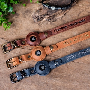Personalized Leather Dog Collar with AirTag Holder, Engraved Name Pet Accessory