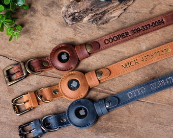 Personalized Leather Dog Collar with AirTag Holder, Engraved Name Pet Accessory
