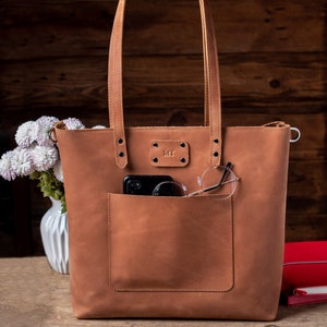 Customized Leather Women Bag with Strap, Everyday Tote Bag, Genuine leather bag, Woman Shoulder Tote Bag, Tote bag with Strap