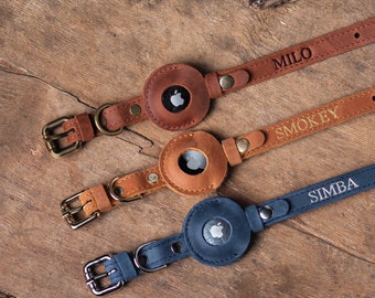 Collare per gatti in pelle personalizzato con supporto AirTag, collare per gatti personalizzato, collare per gatti in vera pelle, collare per gatti in pelle inciso AirTag