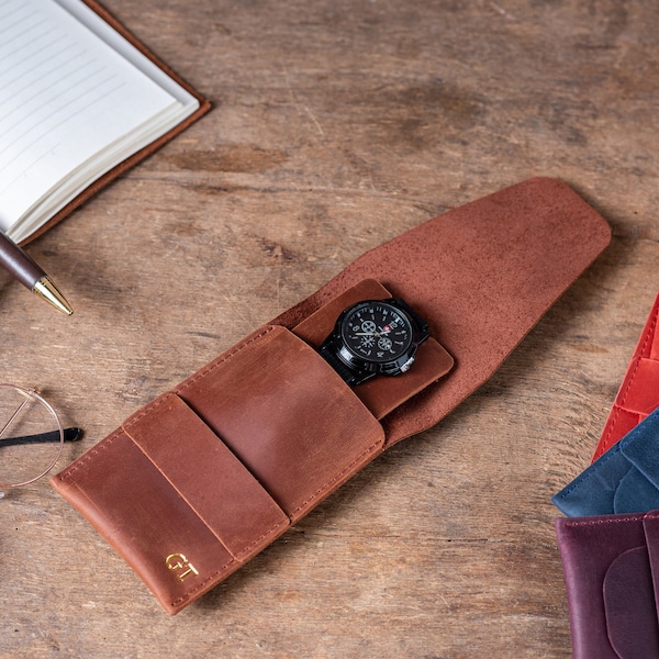 Personalized Leather Watch Case, Travel Protective Watch Organizer, Leather Watch Strap Pouch, Customized Leather Watch Case,Watch Protector