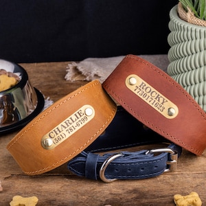 Puede incluir: Tres collares de cuero para perros en tonos beige, marrón y azul marino. Cada collar tiene una placa dorada con un nombre y un número de teléfono. Un collar dice "CHARLIE" y el otro "ROCKY".