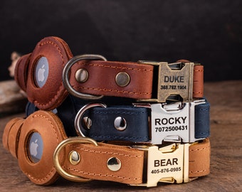 Personalized Leather Dog Collar with AirTag Holder, Personalized Dog Collar, Genuine Leather Dog Collar, Engraved Leather Dog Collar Airtag