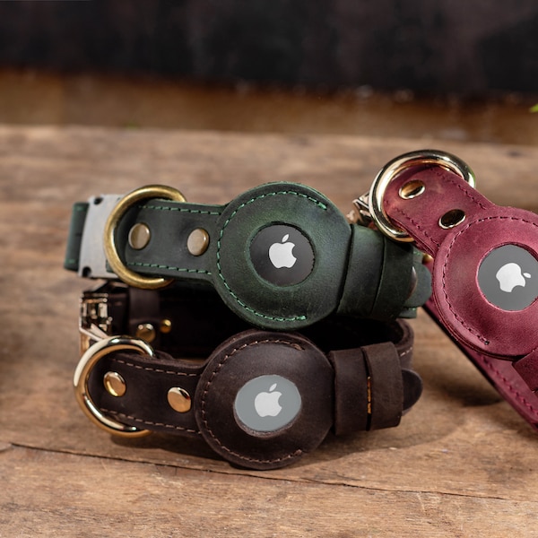 Gepersonaliseerde leren halsband met AirTag-houder, gepersonaliseerde halsband, echte leren halsband, gegraveerde leren halsband Airtag
