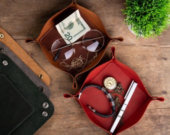 Personalized Leather Valet Tray, Custom Catchall Tray for Keys, Wallet, Watch & Jewelry