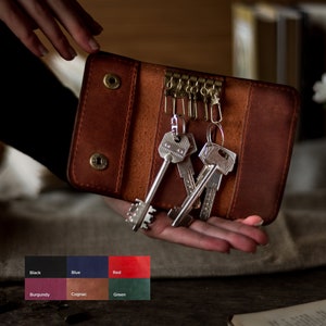 May include: A brown leather key holder with a metal key ring and multiple keys. The key holder is held in a hand.