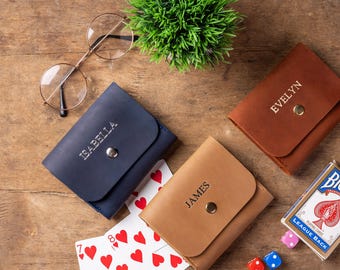 Personalized Leather Playing Card Case for 2 Decks, Double Deck Card Holder, Genuine Leather Poker Card Storage, Card Player Gift