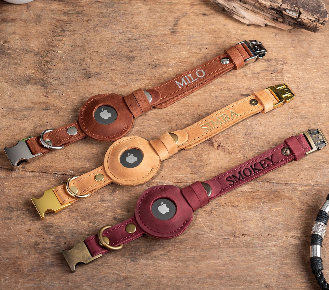 Personalized Leather Cat Collar With AirTag Holder, Leather AirTag Cat