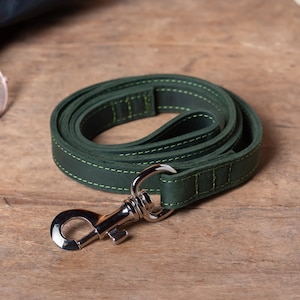 May include: A dark green leather dog leash with a silver metal clip. The leash is stitched with a light green thread.
