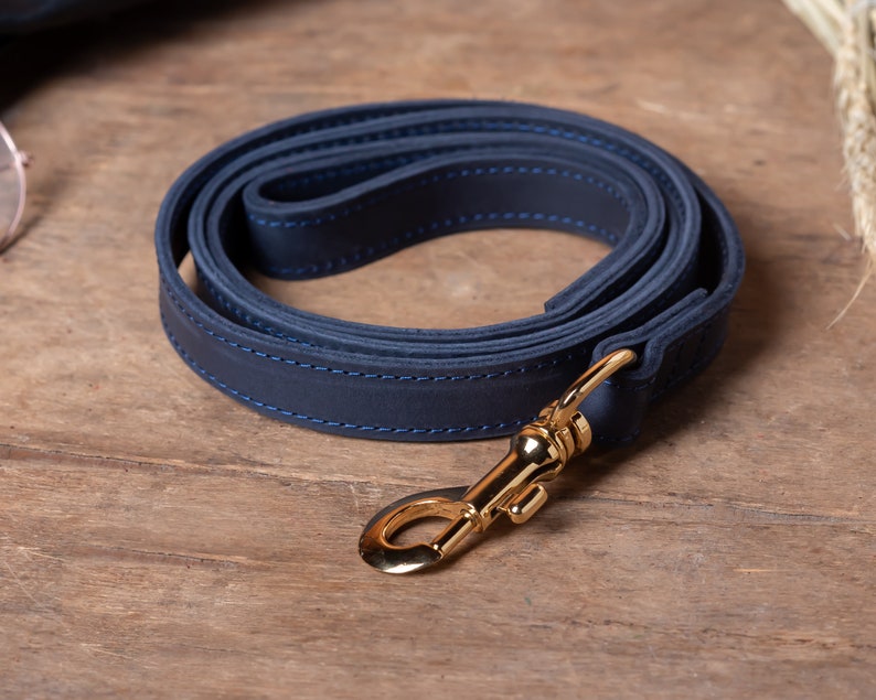 May include: A dark blue leather dog leash with a gold metal clasp. The leash is folded in a circle and the clasp is visible in the foreground.