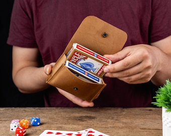 Personalized Double Playing Card Case, Leather Desk Card Holder, Playing Card Travel Case