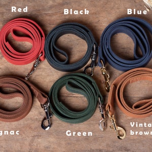 May include: Six leather dog leashes in different colors: red, black, blue, cognac, green, and vintage brown. Each leash has a metal clasp.