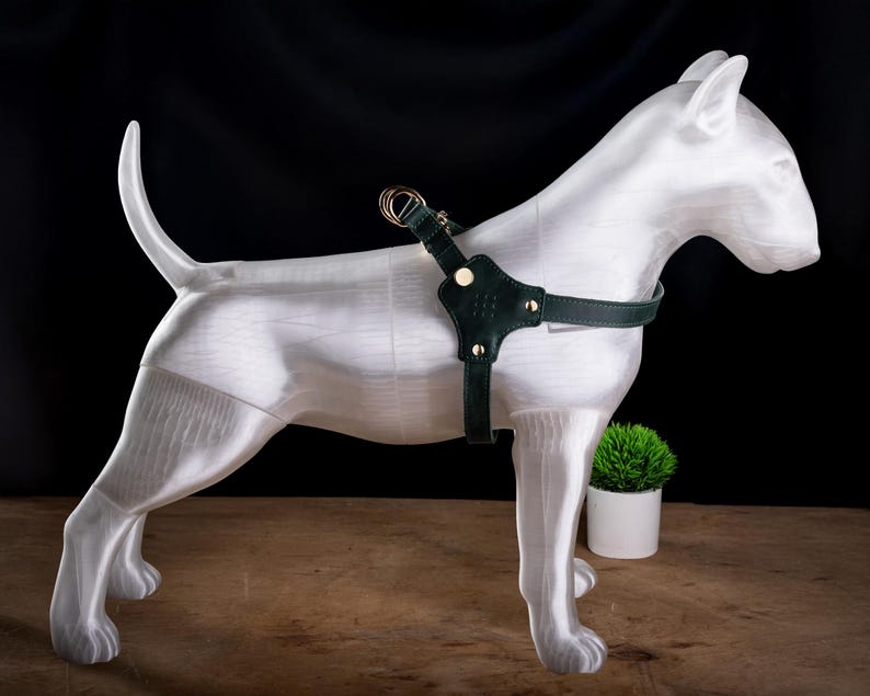 May include: A white dog statue with a dark green leather dog harness. The harness has gold-colored metal hardware. The dog statue is on a wooden surface with a small green plant in a white pot.