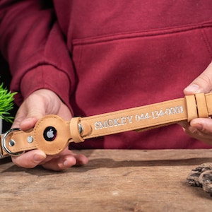 May include: Tan leather dog collar with a silver buckle and an Apple AirTag holder. The collar is personalized with the name "Smokey" and a phone number embroidered in silver thread. The collar is held by a person.