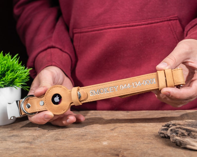 May include: Tan leather dog collar with a silver buckle and an Apple AirTag holder. The collar is personalized with the name "Smokey" and a phone number embroidered in silver thread. The collar is held by a person.